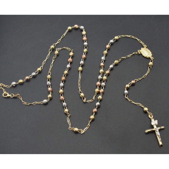 10k Solid Yellow Gold Colored Beads Rosary Virgin Mary Jesus Cross Necklace 24" - Picture 1 of 6